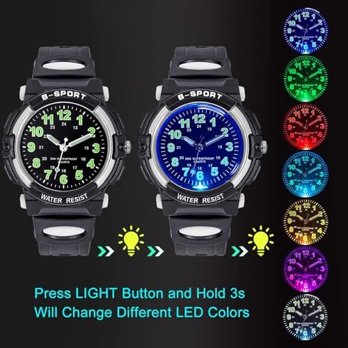 DTKID Kids Watches For Boys And Girls 7 Colour Lights Waterproof Outdoor Sports Boys Watch Analogue Quartz Childrens Watch With Soft Strap Watches For Kids Ages 5-16