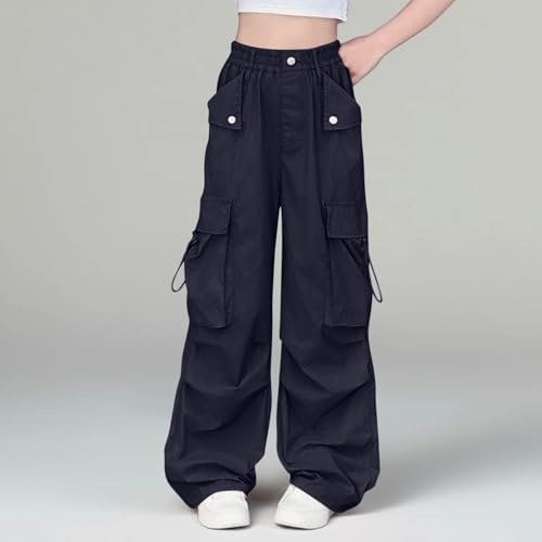 Duxyoz Cargo Pants Girls Baggy Cargo Parachute Trousers Y2K Vintage Joggers High Waisted Lightweight Wide Leg Casual Trouser Elastic Waist Loose Oversize Joggers For Dancewear 5-15 Years