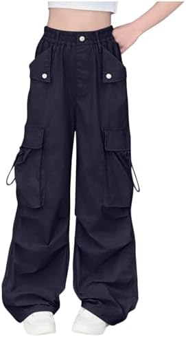duxyoz Cargo Pants Girls Baggy Cargo Parachute Trousers Y2K Vintage Joggers High Waisted Lightweight Wide Leg Casual Trouser Elastic Waist Loose Oversize Joggers for Dancewear 5-15 Years