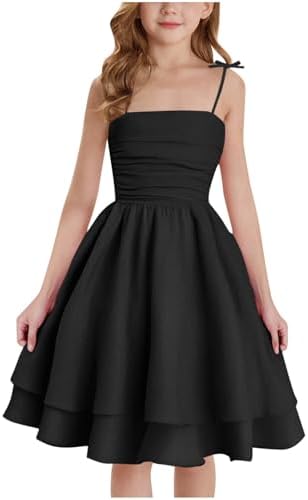 duxyoz Girl's Summer Dresses Spaghetti Strap Swing Pleated Cotton Dress Tween Kids Flowy Front Ruched Boho Beach Casual Midi Sundress for Princess Birthday Party Wedding Prom Gown