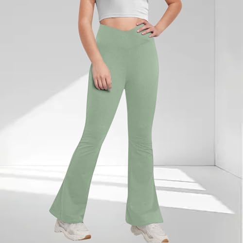 Duxyoz Girls Flared Leggings Kids Cross High Waist Yoga Pants Solid Color School Trouser With Pockets Casual Creppy Bell Bottoms Sports Fitness Gym Workout Dance Pants Bootcut Leggings