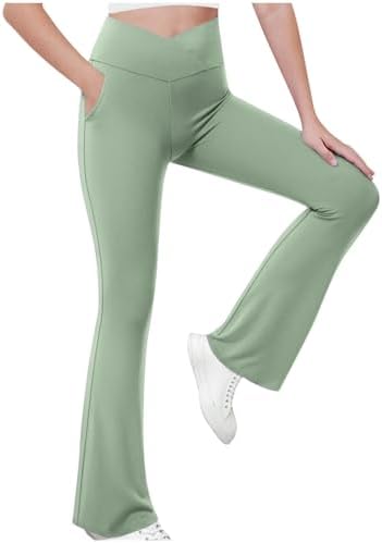 duxyoz Girls Flared Leggings Kids Cross High Waist Yoga Pants Solid Color School Trouser with Pockets Casual Creppy Bell Bottoms Sports Fitness Gym Workout Dance Pants Bootcut Leggings