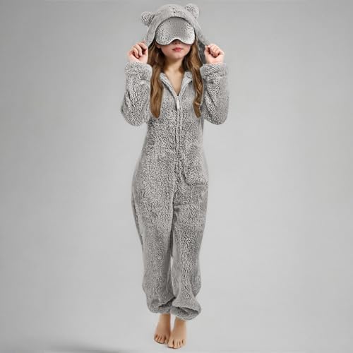 Duxyoz Girls Fleece Jumpsuits With Eye Mask Built In Fuzzy Hooded Rompers For Kids Fluffy Warm Winter Onesie Romper Casual Zip Up Bear Preppy One Piece Sleepwear