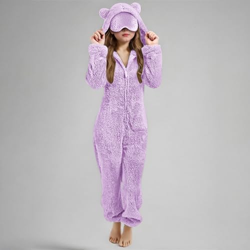 Duxyoz Girls Fleece Jumpsuits With Eye Mask Built In Fuzzy Hooded Rompers For Kids Fluffy Warm Winter Onesie Romper Casual Zip Up Bear Preppy One Piece Sleepwear