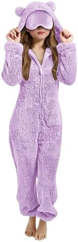 duxyoz Girls Fleece Jumpsuits with Eye Mask Built in Fuzzy Hooded Rompers for Kids Fluffy Warm Winter Onesie Romper Casual Zip Up Bear Preppy One Piece Sleepwear