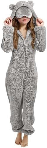 duxyoz Girls Fleece Jumpsuits with Eye Mask Built in Fuzzy Hooded Rompers for Kids Fluffy Warm Winter Onesie Romper Casual Zip Up Bear Preppy One Piece Sleepwear