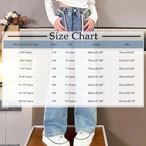 Duxyoz Girls Jeans Y2k Trousers Elastic Waisted Wide Leg Denim Pants Casual Loose Retro Style Baggy Bootcut Trousers Teen Girl Children Vintage Streetwear Fashion Jean With Pockets 4-14 Years