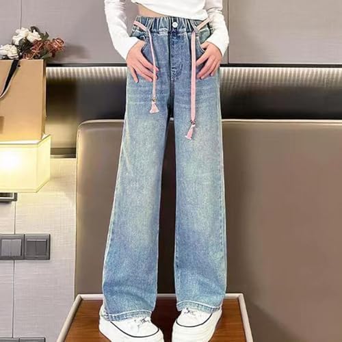Duxyoz Girls Jeans Y2k Trousers Elastic Waisted Wide Leg Denim Pants Casual Loose Retro Style Baggy Bootcut Trousers Teen Girl Children Vintage Streetwear Fashion Jean With Pockets 4-14 Years