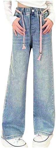duxyoz Girls Jeans Y2k Trousers Elastic Waisted Wide Leg Denim Pants Casual Loose Retro Style Baggy Bootcut Trousers Teen Girl Children Vintage Streetwear Fashion Jean with Pockets 4-14 Years
