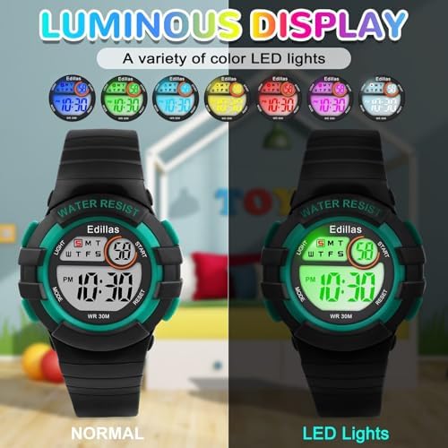 Edillas Kids Digital Watches For Girls Boys 7 Colors LED Flashing Water Resistant Wrist Watches Child Sport Outdoor Multifunctional Wrist Watches With Stopwatch/Alarm For Ages 5-14