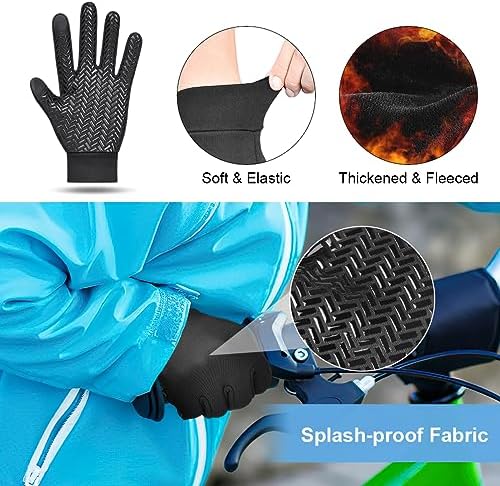 EEFOW Winter Thermal Outdoor Kids Gloves - Non-slip Touchscreen Running Gloves Sport Windproof Warm Black Riding Gloves For Boys Girls 4-12 Years Old