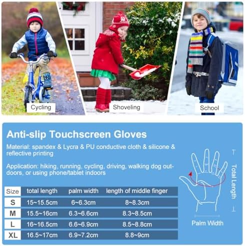 EEFOW Winter Thermal Outdoor Kids Gloves - Non-slip Touchscreen Running Gloves Sport Windproof Warm Black Riding Gloves For Boys Girls 4-12 Years Old