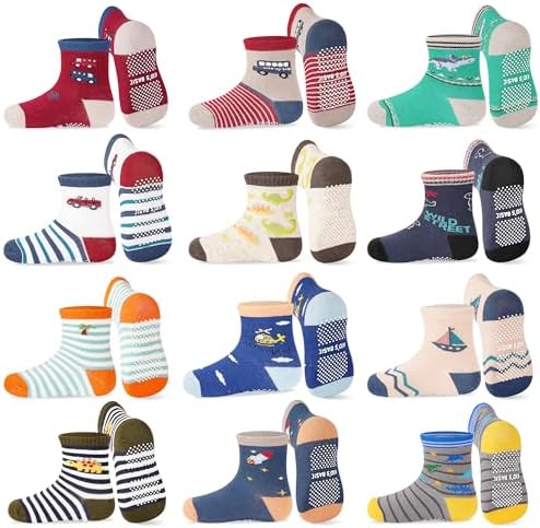ELUTONG Toddler Baby Grip Socks-Cute Kid's Non Slip Socks-12 Pairs Of Baby’s Socks Suitable Baby Kids Aged 1-7 Years