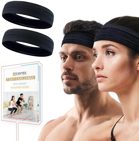 Empire 2 Pack Black Headband Head Band for Woman Sport Headband for Men FREE HOME WORKOUT E-BOOK Gym Hair Band Running Sweat Bands Silicon Non Slip Exercise Headbands Headband Women