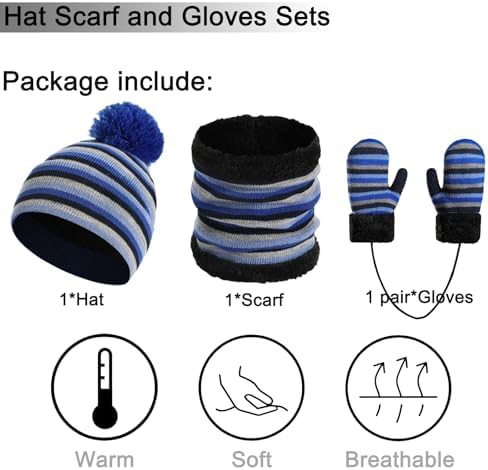 Enwokran Kids Winter Pompom Beanie Hat Scarf Gloves Set Warm Knitted Hat Mittens And Fleece Neck Warmer Scarf 3pcs For Boys&Girls Age 2-6