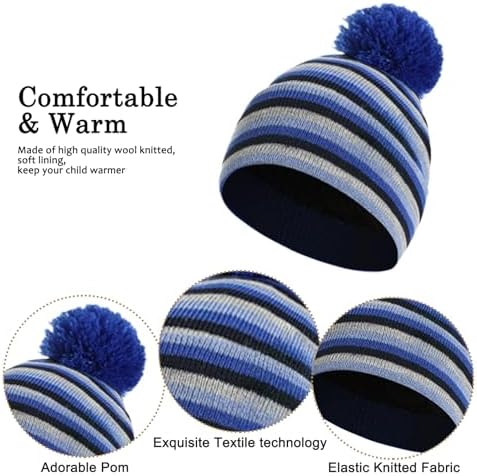 Enwokran Kids Winter Pompom Beanie Hat Scarf Gloves Set Warm Knitted Hat Mittens And Fleece Neck Warmer Scarf 3pcs For Boys&Girls Age 2-6
