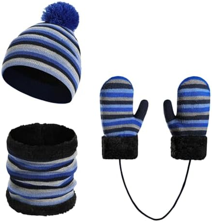 Enwokran Kids Winter Pompom Beanie Hat Scarf Gloves Set Warm Knitted Hat Mittens and Fleece Neck Warmer Scarf 3pcs for Boys&Girls Age 2-6