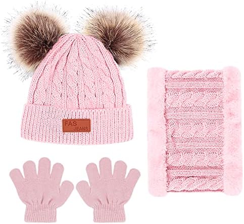 Enwokran Kids Winter Warm Beanie Hat Scarf Gloves Set 3 In1 3pcs Thermal Knit Crochet Thick Fluffy Cap Pom Bobble Hat Neck Warmer Gloves Setfor Girls Boys Children Aged 2-6
