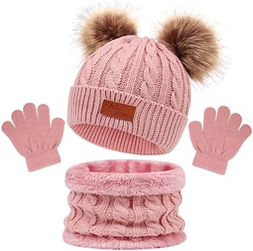 Enwokran Kids Winter Warm Beanie Hat Scarf Gloves Set 3 in1 3pcs Thermal Knit Crochet Thick Fluffy Cap Pom Bobble Hat Neck Warmer Gloves Setfor Girls Boys Children Aged 2-6