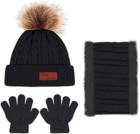 Enwokran Kids Winter Warm Beanie Hat Scarf Gloves Set Thermal Knit Crochet Thick Fluffy Toddler Cap Pom Bobble Hat Neck Warmer Gloves Set For Girls Boys Children Aged 2-6