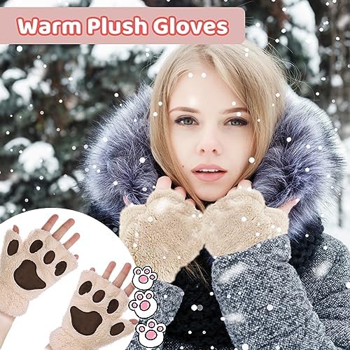 EQLEF Cat Paw Gloves Plush Fingerless Gloves Mittens Cute Half Finger Gloves Warm Winter Gloves Cat Cosplay Gloves For Women Lady And Teenage Girls