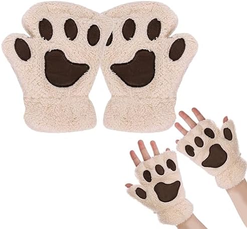EQLEF Cat Paw Gloves Plush Fingerless Gloves Mittens Cute Half Finger Gloves Warm Winter Gloves Cat Cosplay Gloves for Women Lady and Teenage girls