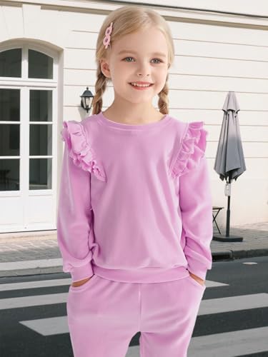 ESHOO Girls Clothes Set Kids Velvet Tracksuit Toddler 2 Piece Leggings Set Ruffle Long Sleeve Sweatshirt Sweatpants Little Girl Outfits For 2-7 Years