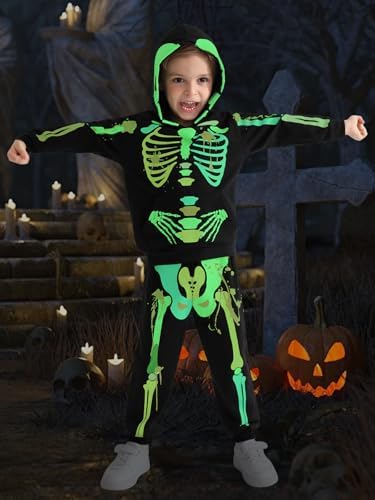 ESHOO Kids Halloween Outfit Toddler Boys Girls Skeleton Hoodie Sweatshirt Pants Set With Front Pocket Halloween Cosplay Party Skull Pullover Tracksuit 2 Piece Outfits