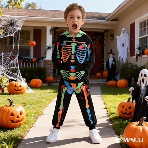 ESHOO Kids Halloween Outfit Toddler Boys Girls Skeleton Hoodie Sweatshirt Pants Set With Front Pocket Halloween Cosplay Party Skull Pullover Tracksuit 2 Piece Outfits
