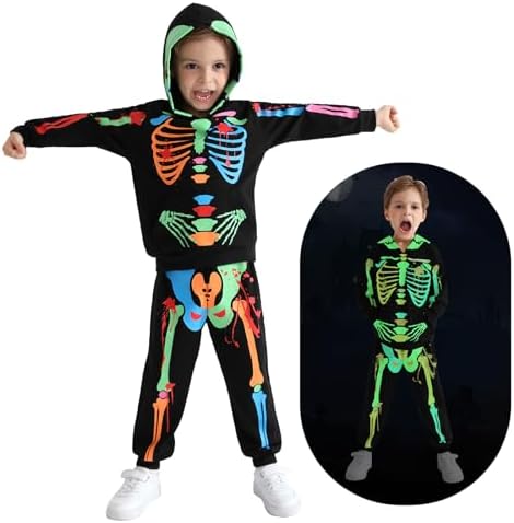 ESHOO Kids Halloween Outfit Toddler Boys Girls Skeleton Hoodie Sweatshirt Pants Set with Front Pocket Halloween Cosplay Party Skull Pullover Tracksuit 2 Piece Outfits