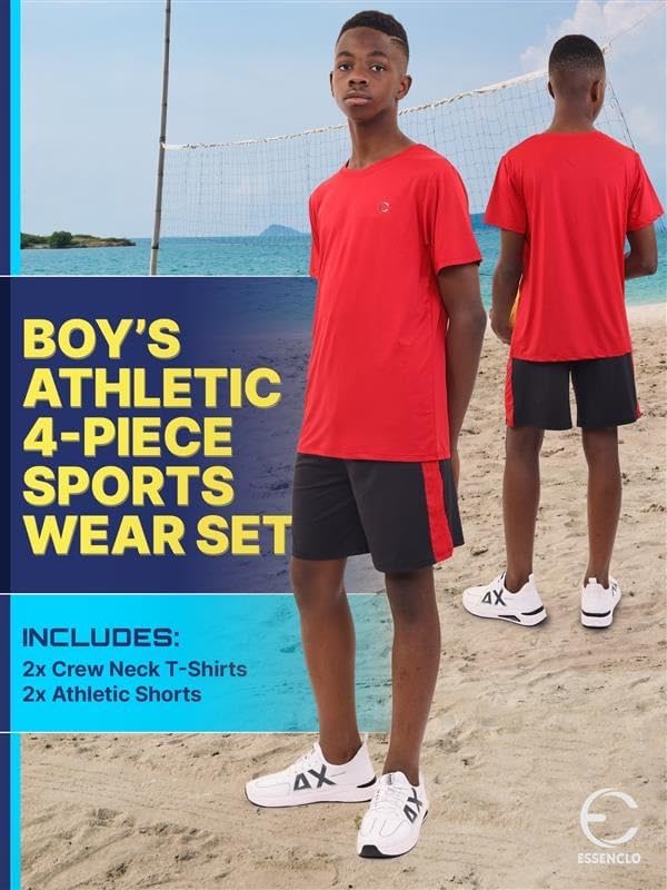 Essenclo Boys Clothing Sets Tagless Loose Athletic Performance Crew Neck T-Shirt And Short Outfits Size 3-16 (4 Piece Set)