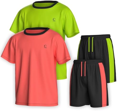 Essenclo Boys Clothing Sets Tagless Loose Athletic Performance Crew Neck T-Shirt And Short Outfits Size 3-16 (4 Piece Set)