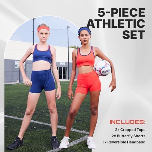Essenclo Girls Clothing Athletic Sets Sleeveless Crop Tank Tops & Bike Shorts Cheer Gymnastics Volleyball Size 3-16 (5 Pcs)