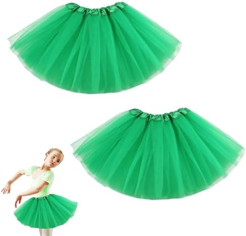 EUPSIIU 2 Pack Tulle Skirt for Kids Girls 3 Layers Stretchy Fluffy Party Skirts Girls Princess Ballet Dance Tutu Dress-up Costume for Birthday Petticoat Party Dance Rave Carnival 80s Outfit (Green)