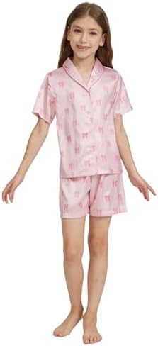 Ewbob Girls Silk Satin Pyjamas Set Short Sleeve Button-Down Kids PJs Breathable Soft Nightwear Children Sleepwear Age 5-14
