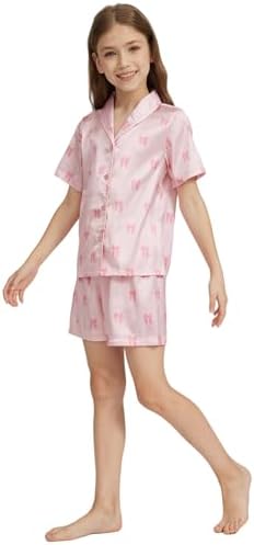 Ewbob Girls Silk Satin Pyjamas Set Short Sleeve Button-Down Kids PJs Breathable Soft Nightwear Children Sleepwear Age 5-14