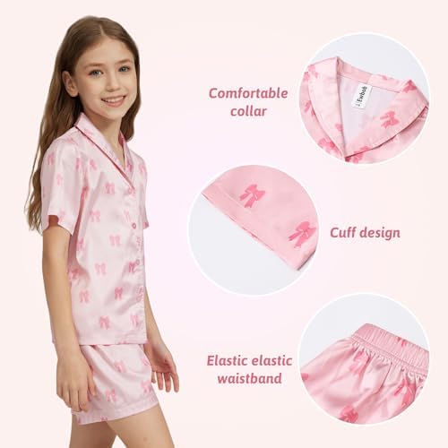 Ewbob Girls Silk Satin Pyjamas Set Short Sleeve Button-Down Kids PJs Breathable Soft Nightwear Children Sleepwear Age 5-14