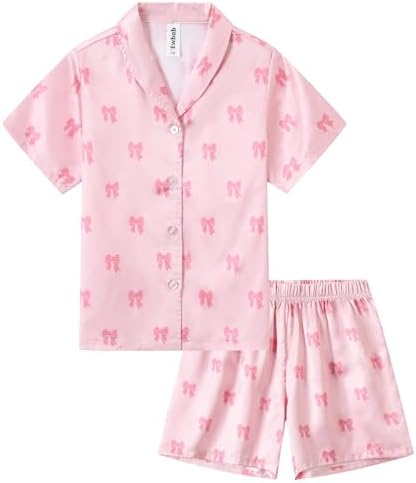 Ewbob Girls Silk Satin Pyjamas Set Short Sleeve Button-Down Kids PJs Breathable Soft Nightwear Children Sleepwear Age 5-14