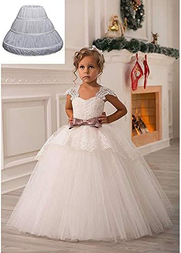 Exclen Girls Children Petticoat A-Line 3 Hoops One Layer Kids Crinoline Lace Trim Flower Girl Dress Underskirt Adjustable Waist For Age 6-11 Years Old. White