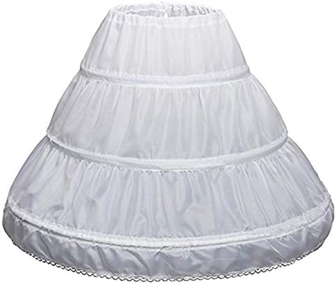 Exclen Girls Children Petticoat A-Line 3 Hoops One Layer Kids Crinoline Lace Trim Flower Girl Dress Underskirt Adjustable Waist for Age 6-11 Years Old. White
