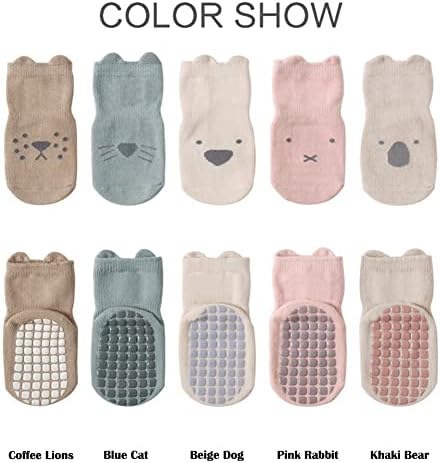Exemaba Baby Socks With Grips For Girls Boys 5 Pairs Cute Animal Cartoon Toddler Kids Anti-Slip Socks