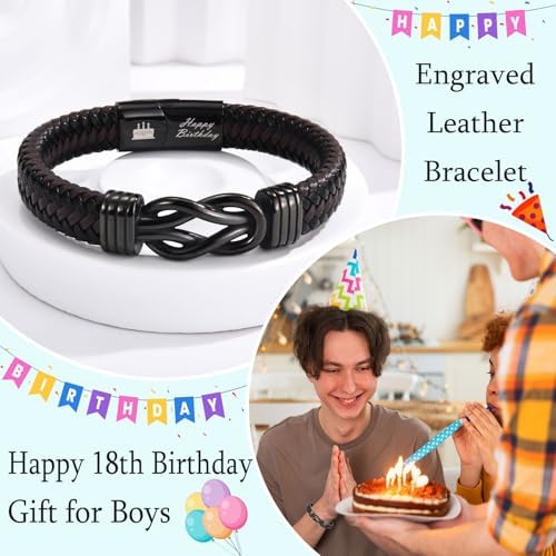 EYQV 13th-21st 30th-70th Birthday Gifts For Boys Men Engraved Leather Bracelet Unique Birthday Gift For Dad Son Grandad Nephew Grandson Brother