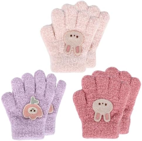 Fadcaer 3 Pairs Kids Gloves Winter Warm Gloves for Boys Girls Kids Knitted Gloves Stretchy Soft Full Finger Gloves Plush Solid Color Gloves Suitable for Age 1-3 Years Old