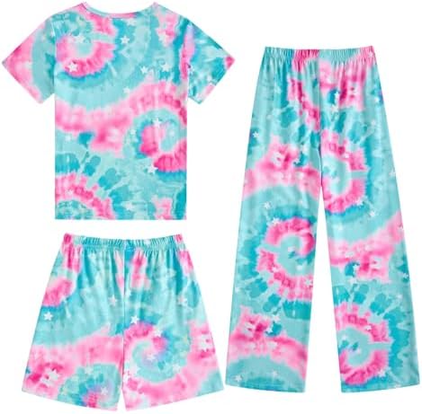 Fanient Girls Pyjamas Sets Colorful Printed Sleepwear Short Sleeve Nightwear Pjs 3 Piece Sets 7-14 Years