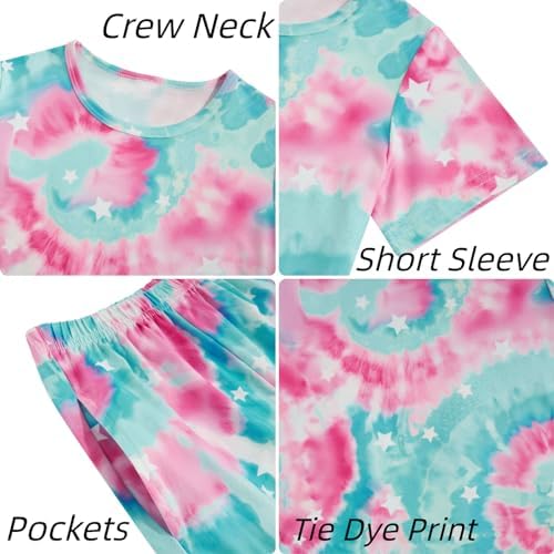 Fanient Girls Pyjamas Sets Colorful Printed Sleepwear Short Sleeve Nightwear Pjs 3 Piece Sets 7-14 Years