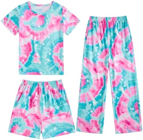 Fanient Girls Pyjamas Sets Colorful Printed Sleepwear Short Sleeve Nightwear Pjs 3 Piece Sets 7-14 Years