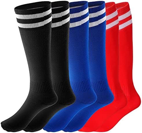 Fanshiontide 3 Pairs Kids Football Socks 3 Colors Childrens Football Socks Kids Long Breathable Soccer Socks for Daily Running Training Socks for Kids Boys Aged 5-12