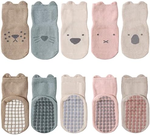 FedMois 5 Pairs Baby Kids Anti-slip Socks Cotton non skid Ankle Socks Animals