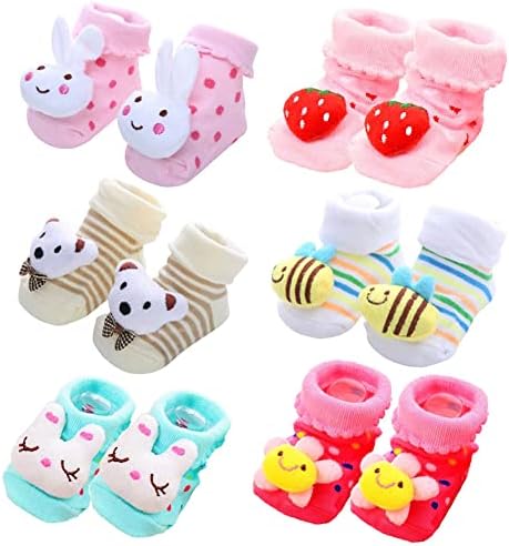 FedMois 6 pairs Baby 3D Cartoon Anti-Skid Booties Socks Slippers Shoes
