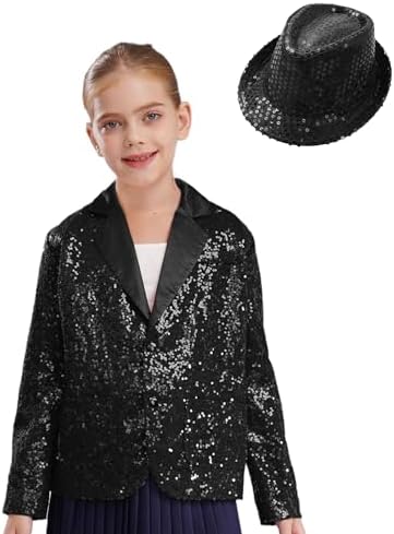 FEESHOW Kids Girls Notched Lapel Sequin Blazer Jacket Long Sleeve Shiny Jazz Dance Button Down Suit Coat With Hat